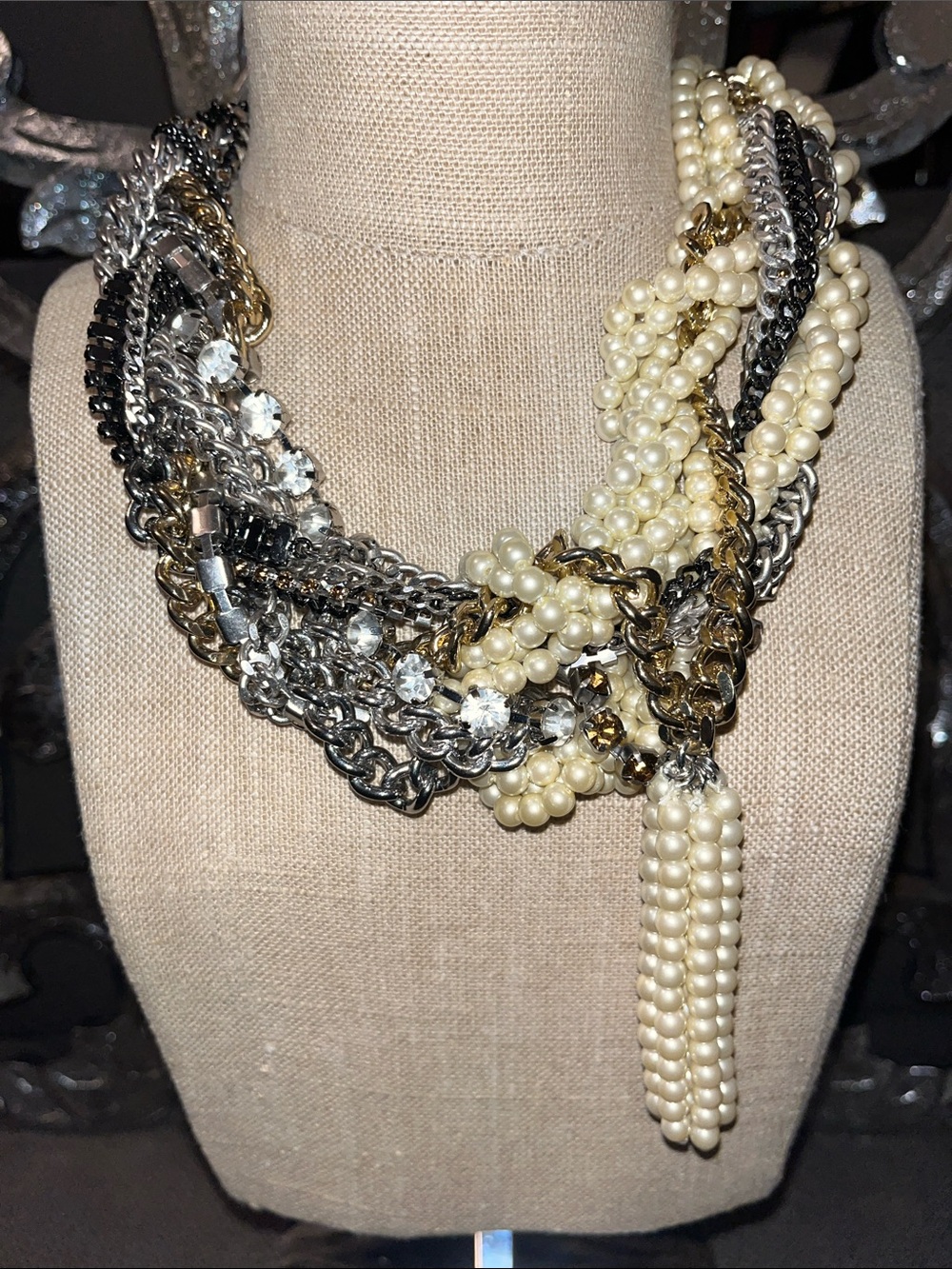 Banana Republic Ivory Pearl, Gold & Silver Multi-Strand Statement Necklace